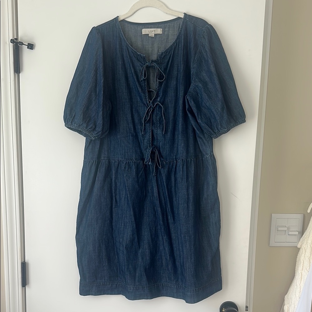 LOFT Blue Puff Sleeve Scoop Neck Sundress